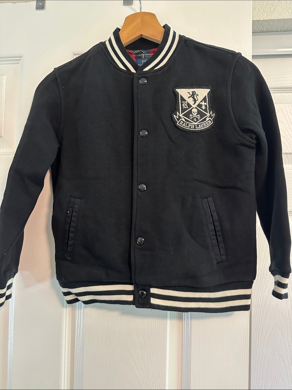 Ralph Lauren Black and White Striped Collar Varsity Jacket